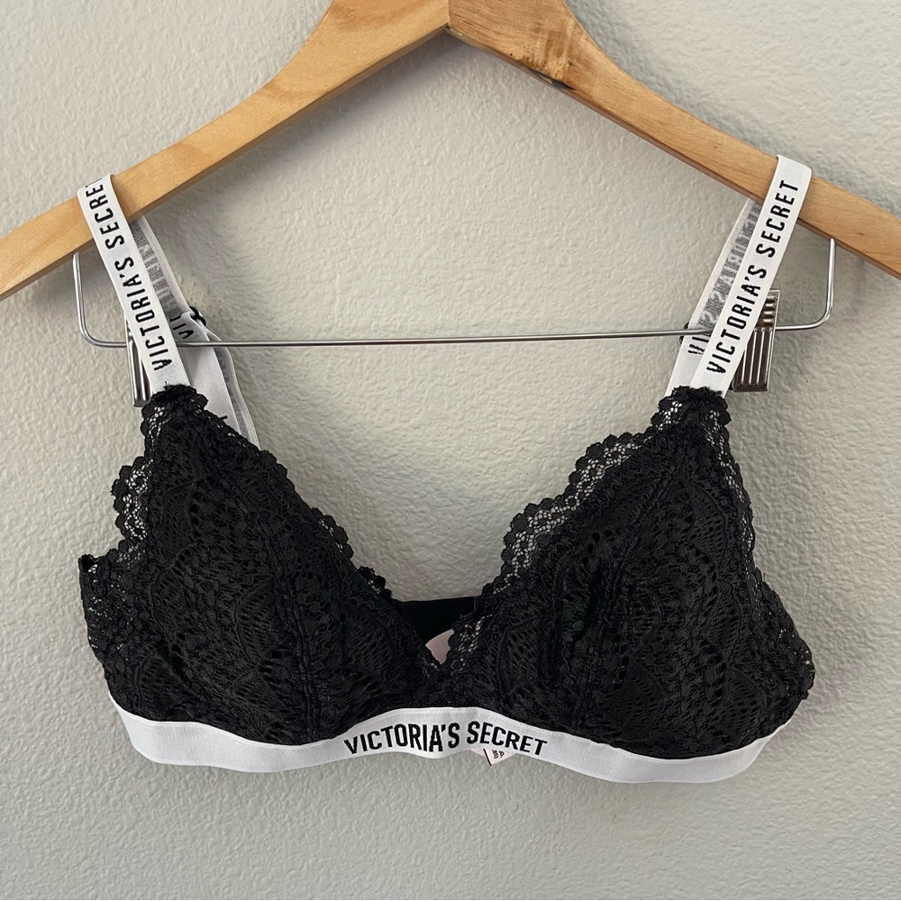 Victorias Secret Lace Black/White Logo Strap Bra Bralette Size L